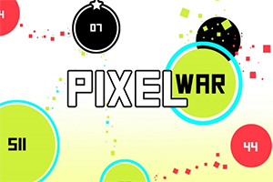 Fargerike sirkler og tekst med ordet PIXEL WAR mot en lys bakgrunn med små firkantede piksler