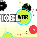 Fargerike sirkler og tekst med ordet PIXEL WAR mot en lys bakgrunn med små firkantede piksler