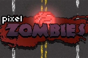 Teksten Pixel Zombies er skrevet i pikselert stil med en rød bakgrunn som ligner på blod på en asfaltvei