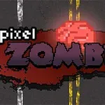 Teksten Pixel Zombies er skrevet i pikselert stil med en rød bakgrunn som ligner på blod på en asfaltvei