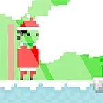 En pikselert figur i julekostyme står ved siden av et vann, med grønne landskapselementer i bakgrunnen