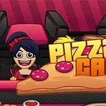 Tegneserieaktige figurer på en kafé med en stor pizzabit og teksten Pizza Café foran