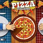 To hender strekker seg mot en delt pizza på et rutete borddeksel, med ordet Pizza Challenge over