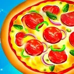 En pizza med pepperoni, grønne paprikar, rødløk og basilikumblader på en blå bakgrunn