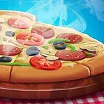 En dampende pizza med tomater, salami, oliven, sopp og paprika på et trefat, plassert på en rød-og-hvitrutet duk