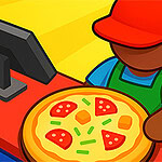 Person med rød caps og blå t-skjorte serverer en pizza ved en disk med en dataskjerm og penger i nærheten