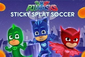 Tre figurer i fargerike superheltkostymer står foran en bysilhuett med ordlyden Sticky Splat Soccer over dem