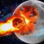 En eksplosjon treffer en månelignende planet i verdensrommet omgitt av glødende fragmenter