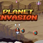 Pixelgrafikk av et fjellandskap med romskip i luften og teksten Planet Invasion