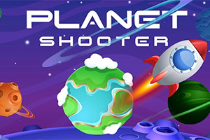 Fargerike planeter og en rakett i verdensrommet med teksten Planet Shooter