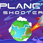 Fargerike planeter og en rakett i verdensrommet med teksten Planet Shooter