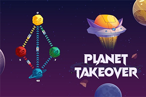 Fargerike planeter med tall er koblet sammen ved hjelp av piler, og et romskip svever over teksten Planet Takeover i et abstrakt verdensrom