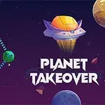 Fargerike planeter med tall er koblet sammen ved hjelp av piler, og et romskip svever over teksten Planet Takeover i et abstrakt verdensrom