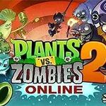 Fargerikt bilde med animerte planter og zombier i kampstilling, omringet av stor tekst i midten