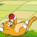En tegnet oransje katt leker med et rødt garnnøste på en grønn bakgrunn
