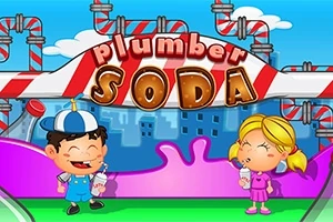 To barn står under et skilt med teksten Plumber Soda foran et bakteppe med fargerike rør