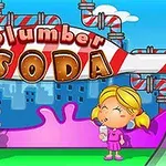 To barn står under et skilt med teksten Plumber Soda foran et bakteppe med fargerike rør