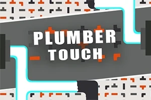 Tekst PLUMBER TOUCH i store bokstaver med et bakteppe av rørdesign og blokker i grått, blått og oransje