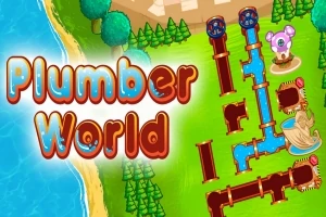 Tegnet kart med en kystlinje, rørledninger, trær og en liten rosa figur, med teksten Plumber World