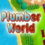 Tegnet kart med en kystlinje, rørledninger, trær og en liten rosa figur, med teksten Plumber World