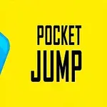Blå, smilende kube med ansikt på gul bakgrunn ved siden av teksten Pocket Jump