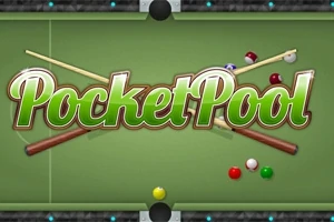Tekst Pocket Pool over en biljardbord med biljardkøer og kuler spredt rundt
