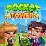 To animerte figurer står foran en høy bygning med fargerike etasjer, omringet av gress og himmel, med teksten Pocket Tower øverst