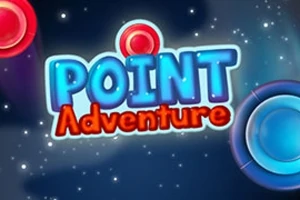 Teksten Point Adventure i lyseblått og rødt på en bakgrunn med små stjerner og sirkelformede objekter