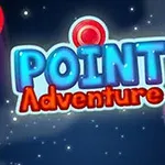 Teksten Point Adventure i lyseblått og rødt på en bakgrunn med små stjerner og sirkelformede objekter
