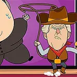 En tegneserieillustrasjon av en mann i mørk dress som ser stresset ut ved siden av en mann i cowboyklær med en lasso