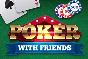 Gullbokstaver som staver POKER på en grønn bakgrunn med pokerchips og kort i hjørnene