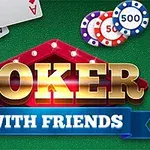 Gullbokstaver som staver POKER på en grønn bakgrunn med pokerchips og kort i hjørnene