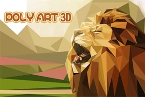 En polygonal illustrasjon av en løve med åpen munn foran et bakteppe av stiliserte fjell og landskap, med teksten Poly Art 3D øverst til venstre