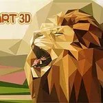 En polygonal illustrasjon av en løve med åpen munn foran et bakteppe av stiliserte fjell og landskap, med teksten Poly Art 3D øverst til venstre