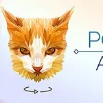 Illustrasjon av et polygonal kattehode i oransje og hvite nyanser med teksten POLY ART ved siden av