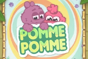 To fargerike, lodne figurer kikker over et skilt med teksten Pomme Pomme mot en fargerik bakgrunn