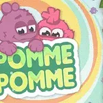 To fargerike, lodne figurer kikker over et skilt med teksten Pomme Pomme mot en fargerik bakgrunn