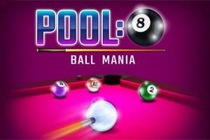 Billiardbord med fargerike baller og teksten POOL: BALL MANIA på en lilla bakgrunn