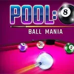 Billiardbord med fargerike baller og teksten POOL: BALL MANIA på en lilla bakgrunn
