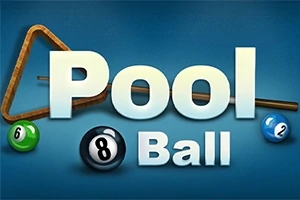 Tekst Pool Ball med bilder av biljardballer (6, 8, 2), en biljardkø og en trekantet ballstativ på blå bakgrunn