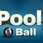 Tekst Pool Ball med bilder av biljardballer (6, 8, 2), en biljardkø og en trekantet ballstativ på blå bakgrunn