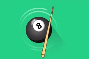 Svart 8-ball og biljardkø på en grønn bakgrunn