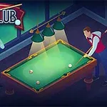 To menn spiller biljard ved et biljardbord, med tekst Pool Club øverst til venstre