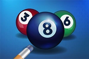 Tre biljardkuler med tallene 3, 8 og 6 og en biljardkø mot en blå bakgrunn