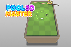 Et grønt biljardbord sett ovenfra med to kuler, en biljardkø, en trekantet ramme med flerfargede baller og teksten Pool 3D Master på venstre side