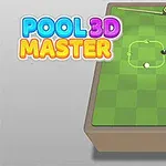 Et grønt biljardbord sett ovenfra med to kuler, en biljardkø, en trekantet ramme med flerfargede baller og teksten Pool 3D Master på venstre side