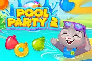 En glad kanin med solbriller plasker i et basseng omgitt av fargerike badeleker under teksten Pool Party 2
