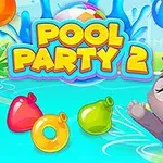 En glad kanin med solbriller plasker i et basseng omgitt av fargerike badeleker under teksten Pool Party 2