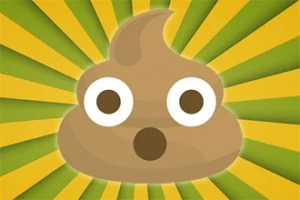 En stilisert emoji av en brun spiralformet figur med store, runde øyne og en åpen munn, mot en bakgrunn med grønne og gule stråler