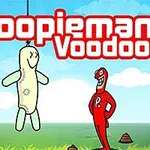 En tegneseriefigur kledd i rødt står ved siden av en hengende voodoo-dukke på en grønn eng med blå himmel i bakgrunnen